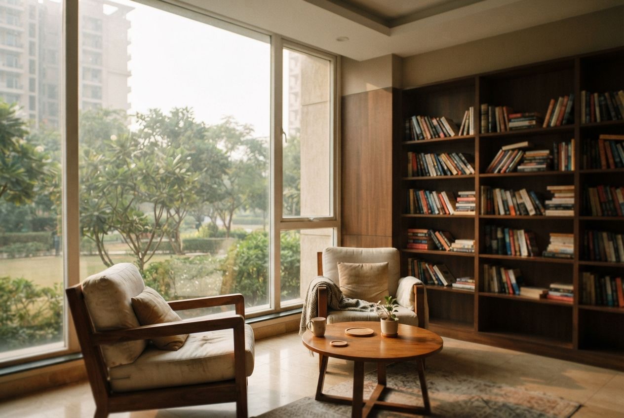 A quiet reading corner with bookshelves inside a residential community space, lit by morning sunlight, with no people or text visible.