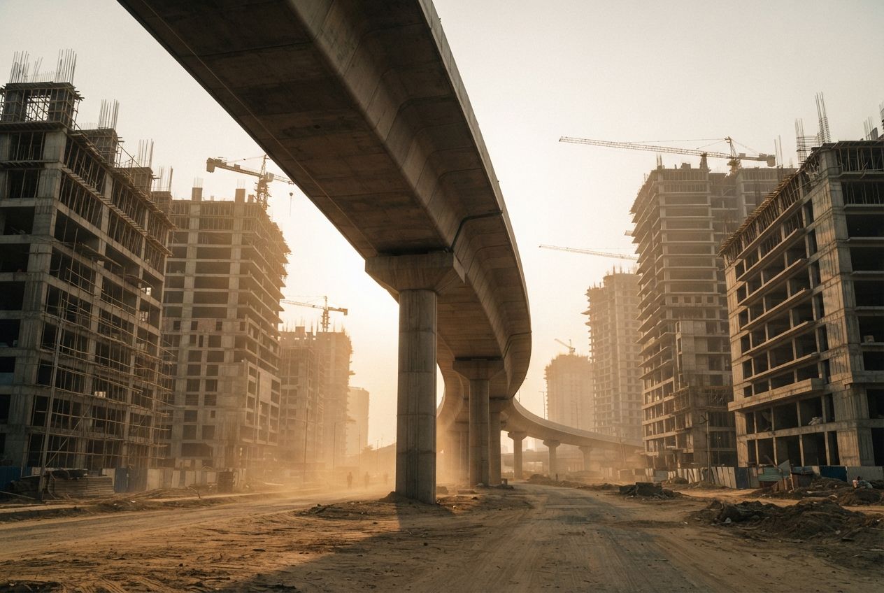 Under-construction commercial towers rise beside the elevated Dwarka Expressway on the Gurugram side, with cranes visible against a golden late-afternoon sky.